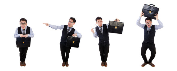 Funny businessman with briefcase isolated on white