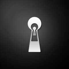 Silver Keyhole icon isolated on black background. Key of success solution. Keyhole express the concept of riddle, secret, peeping, safety, security. Long shadow style. Vector.