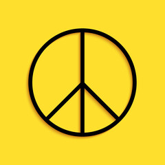 Black Peace sign icon isolated on yellow background. Hippie symbol of peace. Long shadow style. Vector.