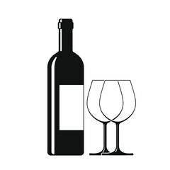 Bottle of wine and two glass graphic sign. Tasting or presentation of wine isolated symbol on white background. Vector illustration