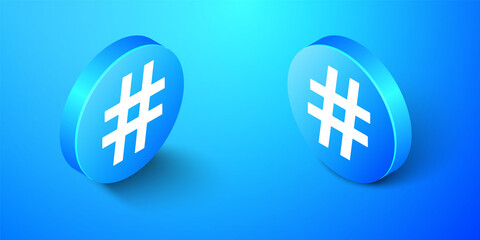 Isometric Hashtag icon isolated on blue background. Social media symbol. Modern UI website navigation. Blue circle button. Vector.
