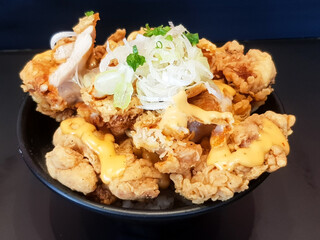 Fried chicken with mayonnaise sauce and rice on dish background