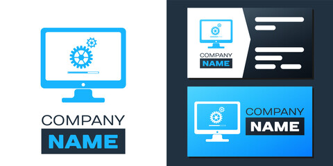 Logotype Computer monitor update process with gear progress and loading bar icon isolated on white background. Adjusting, setting, maintenance, repair. Logo design template element. Vector.