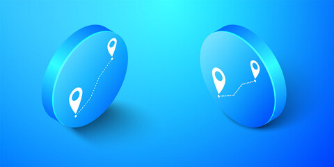 Isometric Route location icon isolated on blue background. Map pointer sign. Concept of path or road. GPS navigator. Blue circle button. Vector.