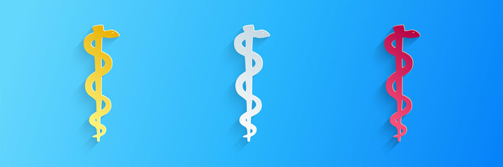 Paper cut Rod of asclepius snake coiled up silhouette icon isolated on blue background. Emblem for drugstore or medicine, pharmacy snake symbol. Paper art style. Vector.