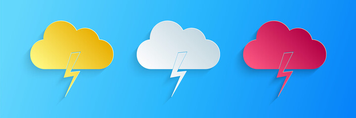 Paper cut Storm icon isolated on blue background. Cloud and lightning sign. Weather icon of storm. Paper art style. Vector.