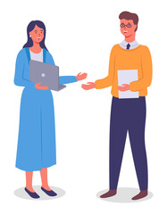 Business people man and woman communicating standing on white background. Smiling friendly colleagues wearing formal clothes vector flat design. Office staff meeting, appointment of business partners