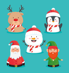 bundle of five happy merry christmas set icons vector illustration design