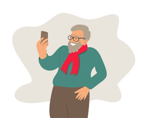 Elderly man on phone and smiling. Talking on the phone. Hold up. Old man's face with glasses. Vector illustration