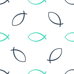Green Christian fish symbol icon isolated seamless pattern on white background. Jesus fish symbol. Vector.