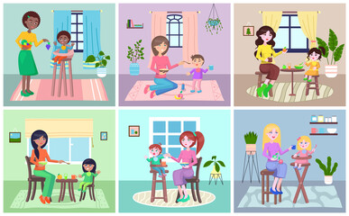 Young mother siting at home with a child, takes care of a small baby, feeding him. Self isolation, stay at home concept. Woman sitting at home with her child. Motherhood and parenting, health care