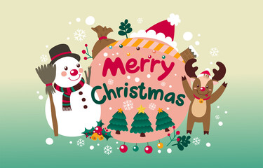 Snowman With Broom And Reindeer Merry Christmas with Ornament Decoration, Vector, Illustration