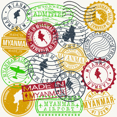 Myanmar Set of Stamps. Travel Passport Stamp. Made In Product. Design Seals Old Style Insignia. Icon Clip Art Vector.