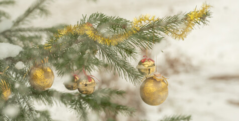 Christmas balls of gold color on a spruce branch in snowfall
