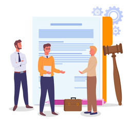 Obraz premium Male lawyer holding document congratulates the partner businessman on a successful transaction. Businessmen and big paper document with wooden brown judge gavel. Law and justice system concept