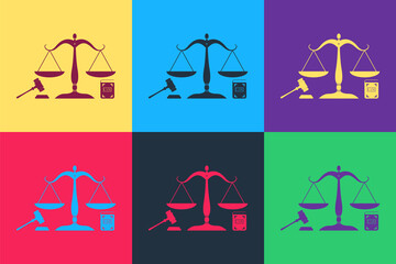 Pop art Scales of justice, gavel and book icon isolated on color background. Symbol of law and justice. Concept law. Legal law and auction symbol. Vector.