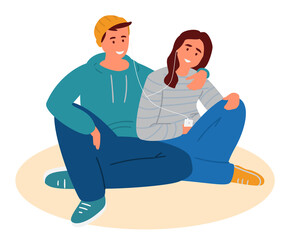 Teenage Couple Sitting Together  And Listens To Music. First Love Vector Illustration.