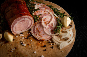 Smoked pork sausage. Meatloaf. Snack. Serving the dish.