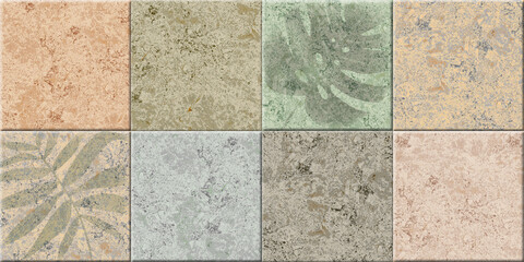 Decorative ceramic tiles in retro colors with natural marble texture. Element for interior design. Background texture