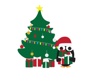 Cute Penguin wearing Red White Santa Christmas hat and holding gift box near decorated Christmas tree