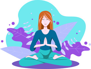 Girl meditates in the Lotus position. Namaste yoga. The Lotus position in yoga.