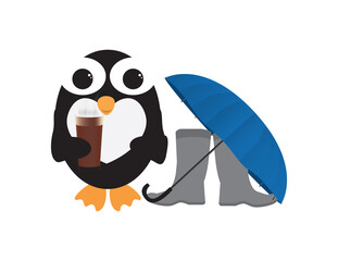 Cute Penguin holding glass with hot chocolate and standing near Gray wellies and Blue umbrella