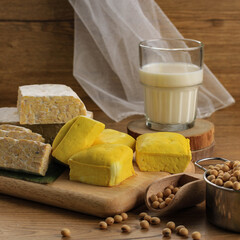 Soy Product: Raw Tofu, Tempeh, Soy Milk, Soy Sauce, and Soy Bean. Concept of Healthy Vegetarian Food