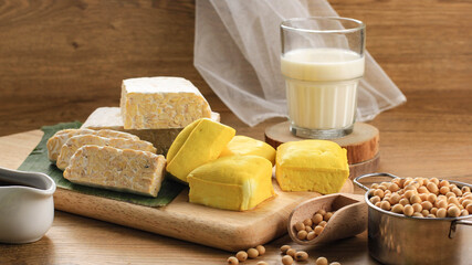 Soy Product: Raw Tofu, Tempeh, Soy Milk, Soy Sauce, and Soy Bean. Concept of Healthy Vegetarian Food