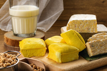 Soy Product: Raw Tofu, Tempeh, Soy Milk, Soy Sauce, and Soy Bean. Concept of Healthy Vegetarian Food