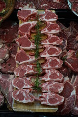Types of meat at the butcher counter