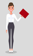 Pretty young slim woman character in business clothes. Smiling business woman standing with a folder in stretched hand. Businesswoman wearing blouse and trousers standing straight at full height
