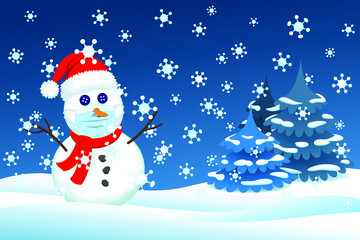 Holiday snowman wearing a santa hat and face mask surrounded by a blizzard of virus molecules snowflakes