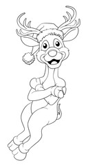 Christmas reindeer in Santa Hat cartoon character in relaxed position. With space behind for item or sign to be leaning on. In black and white outline like a coloring book page.