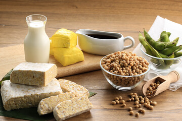 Soy Product: Raw Tofu, Tempeh, Soy Milk, Soy Sauce, and Soy Bean. Concept of Healthy Vegetarian Food