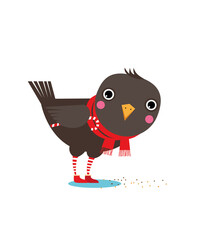 A little bird in a scarf and boots with a Christmas lollipop under the wing
