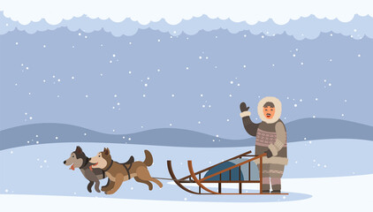 Arctic man using sledge with sled dogs traveling on snowdrifts. Character waving hand. Snowing weather in north. Eskimo person with domestic animals northern husky outdoors, dog team in action © robu_s