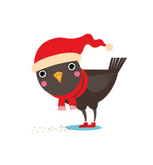 Little bird in a Christmas hat and scarf on a white background
