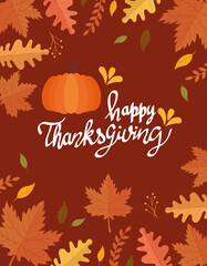happy thanksgiving celebration lettering card with pumpkin and leafs vector illustration design