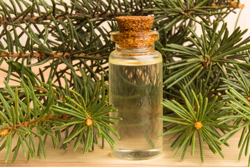 Spruce essential oil in a bottle, with fresh spruce twigs on wooden background
