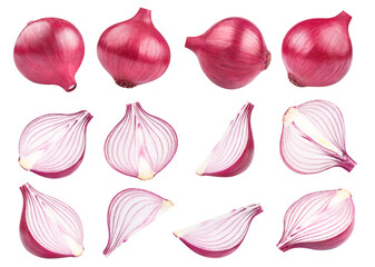 Rich collection of delicious red onion whole bulbs and pieces, isolated on white background