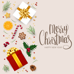 Fototapeta na wymiar Christmas composition and new year design element collection isolated on white background. Christmas and new year vector concept. Flat lay, top view.
