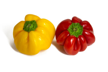 Yellow and red ribbed paprika pepper, isolated on white background, top view