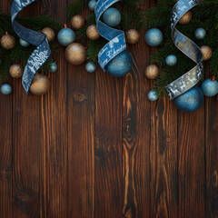 Christmas composition. Christmas balls, blue and silver decorations on blue wooden background. Flat lay. Top view. Copy space