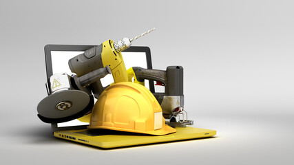 online calculation of construction costs building supplies fly out from laptop with a blank screen 3d render on grey