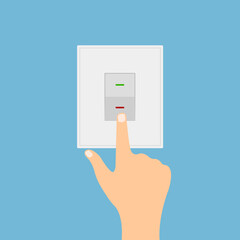 Hand pushing a button, turn on the light. Electronic light switch. Vector illustration. Flat design
