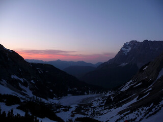 Sunset at Zugspitze mountain and lake Seebensee in Tyrol, Austria