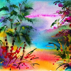 Watercolor colorful bright textured abstract background handmade . Mediterranean landscape . Painting of  vegetation of the sea coast , made in the technique of watercolors from nature