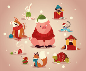 Naklejka premium christmas cute animals with winter clothes hat and scarfs