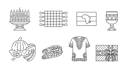 Kwanzaa - Set of outline icons. Traditional symbols of african-american unity. Kinara, Mkeka mat, goblet Kikombe Cha Umoja, Dashiki shirt, kente style giftbox. Design element for Kwanza celebration