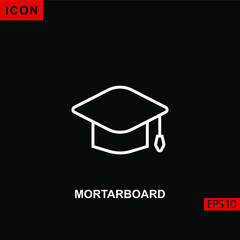 Fototapeta na wymiar Icon mortarboard hat with book and lamp vector on black background. Illustration line, linear, outline and lineal icon for graphic, print media interfaces and web design.